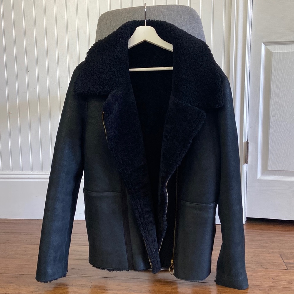 ME+EM Midnight Leather Jacket with Shearling Collar